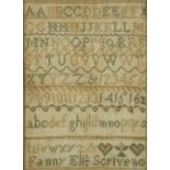 19th century needlework sampler worked by Fanny Soriven, framed and glazed, 26.5cm x 19.5cm