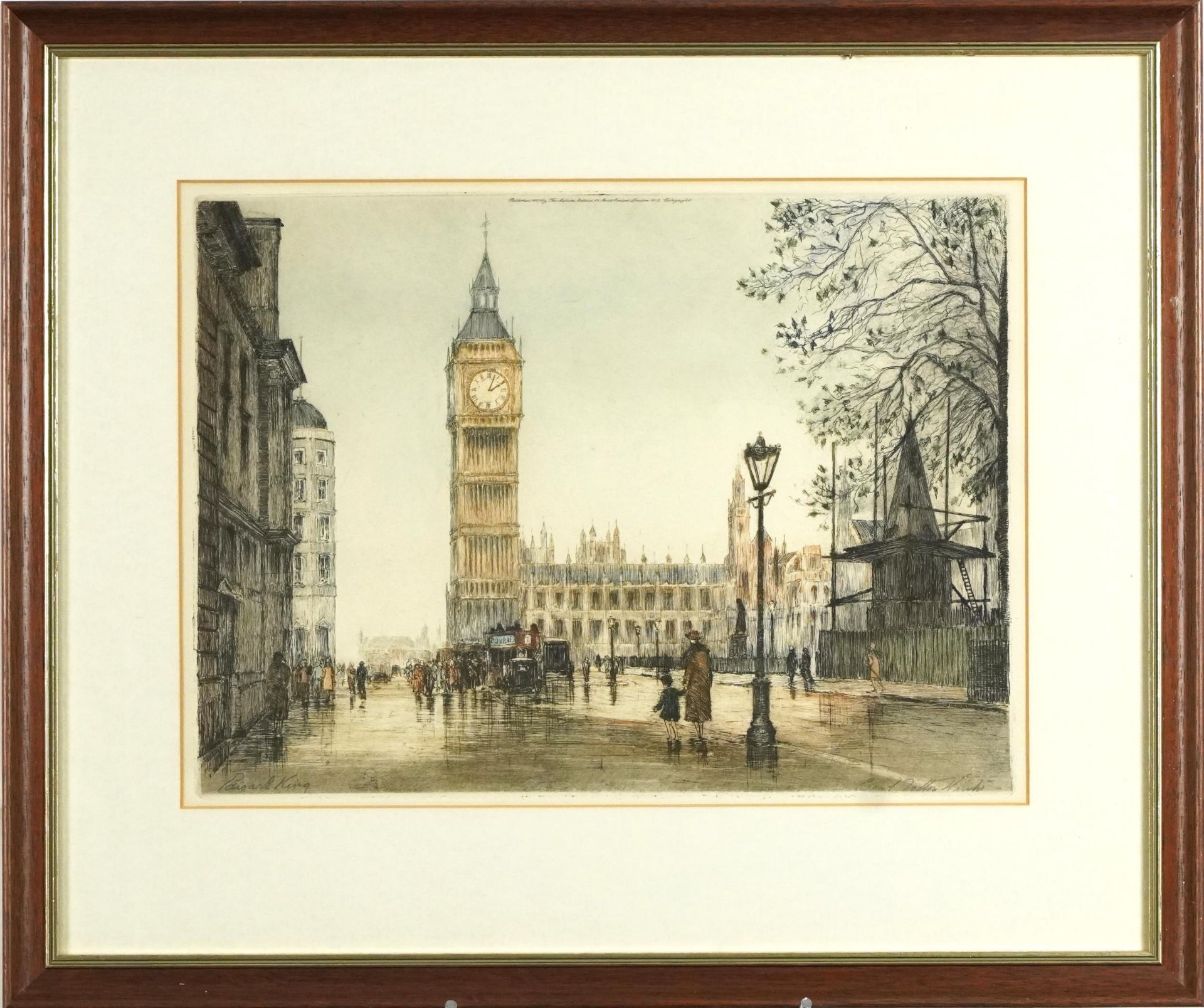 Edward King - London street scenes, set of four pencil signed coloured etchings, mounted, framed and - Bild 3 aus 20
