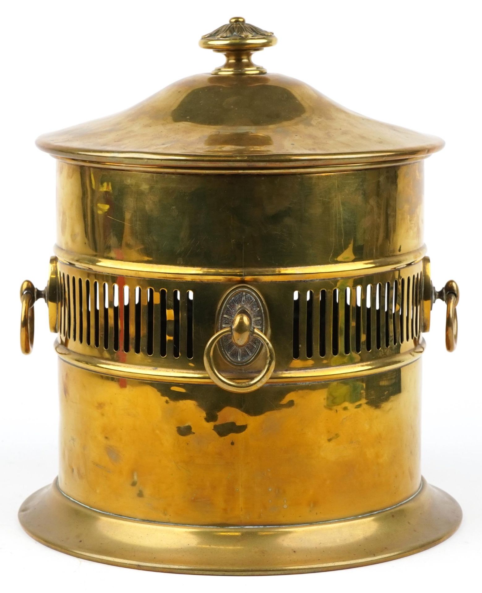 Victorian brass log lidded log bucket with four ring turned handles, 40cm high
