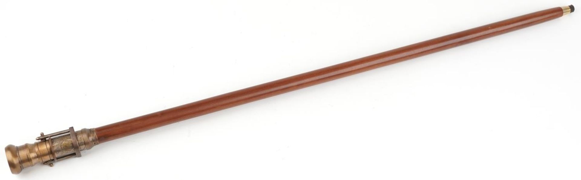 Hardwood walking stick with brass compass and two draw telescope handle, 99cm in length - Image 4 of 5