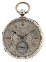 Victorian gentlemen's silver open face key wind pocket watch having ornate silvered dial with