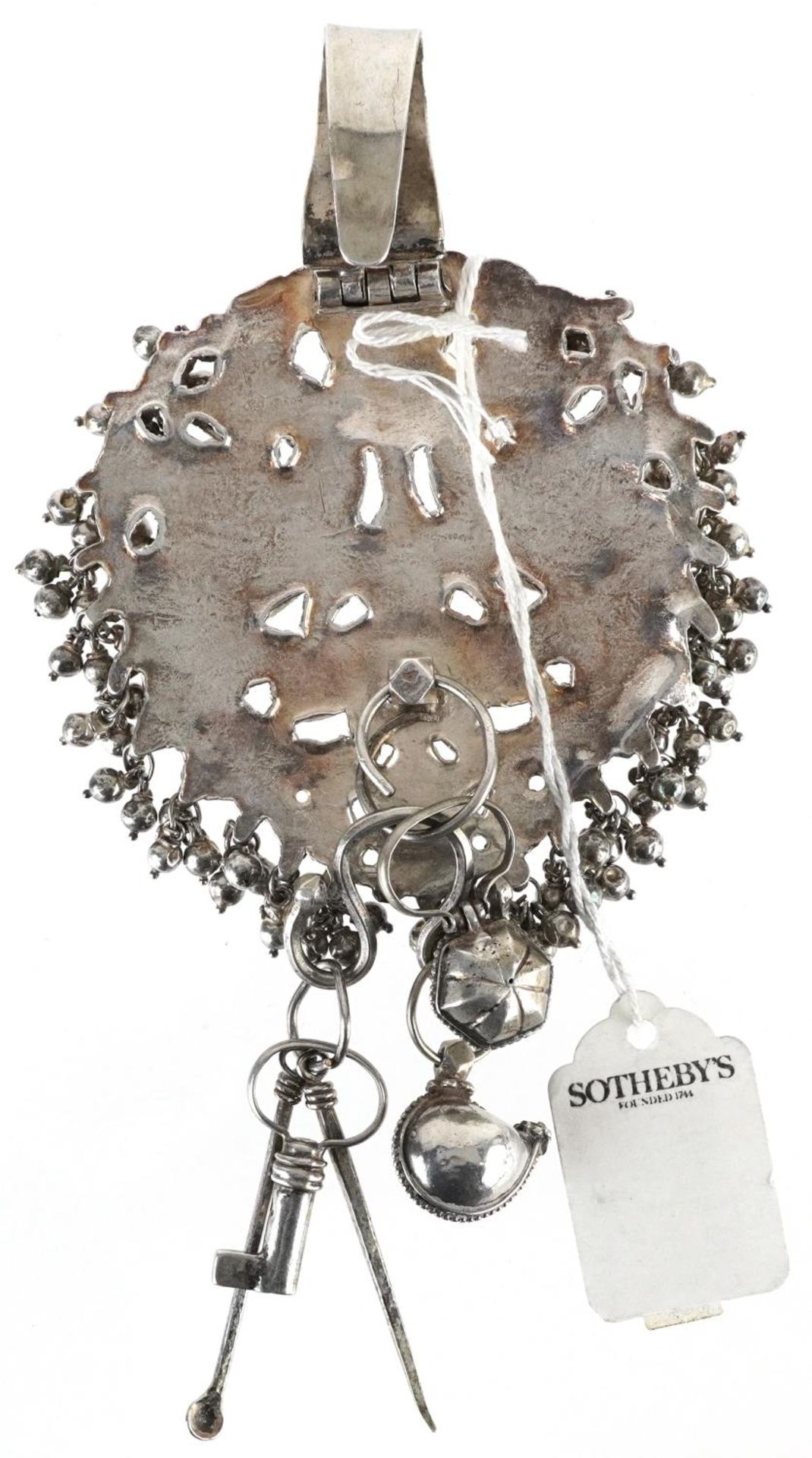 19th century Indian unmarked silver chatelaine hanger with drops, pierced and finely cast with two - Image 2 of 3