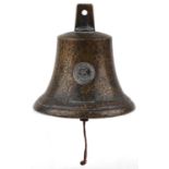 Shipping interest patinated bronze bell dated 1839, 20.5cm high