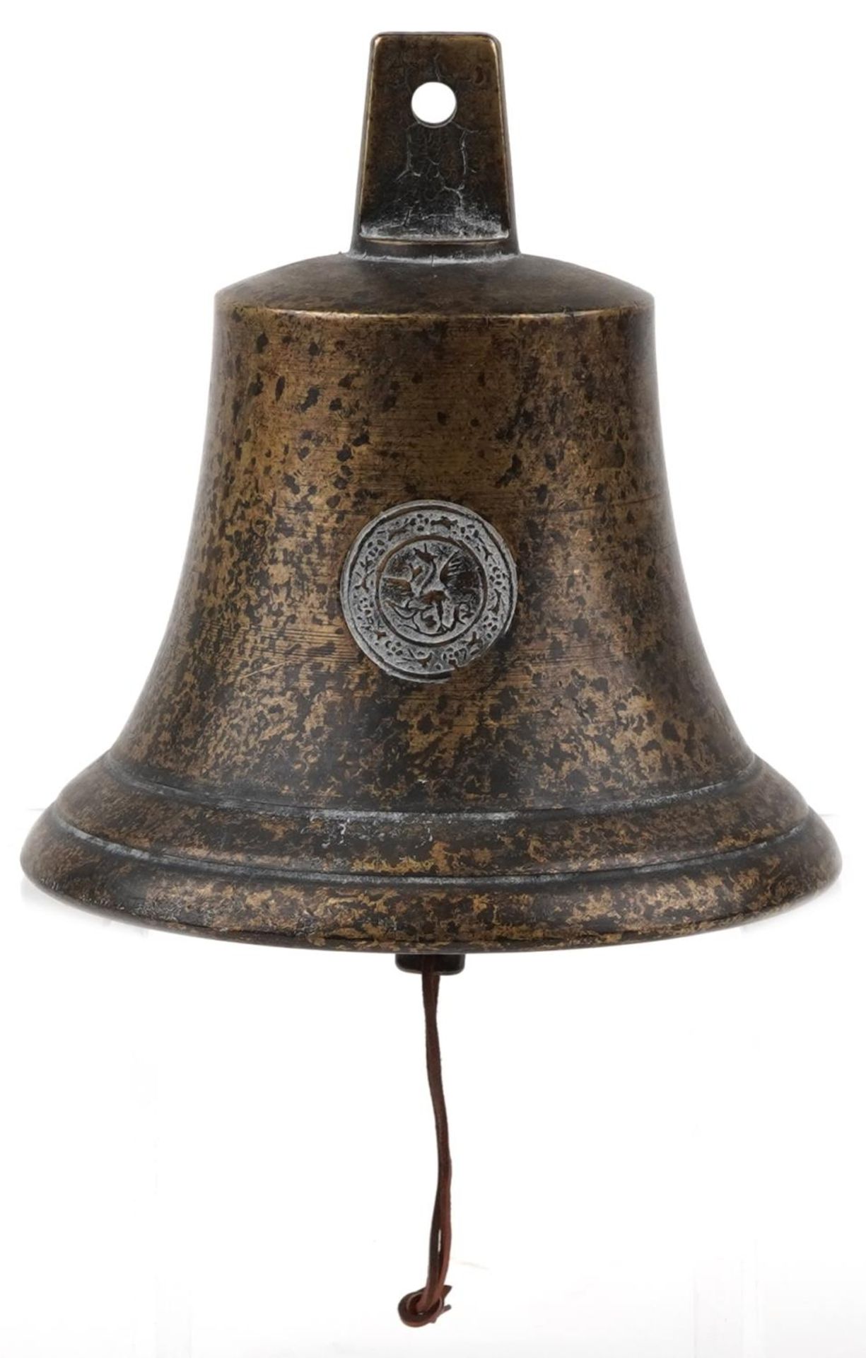 Shipping interest patinated bronze bell dated 1839, 20.5cm high