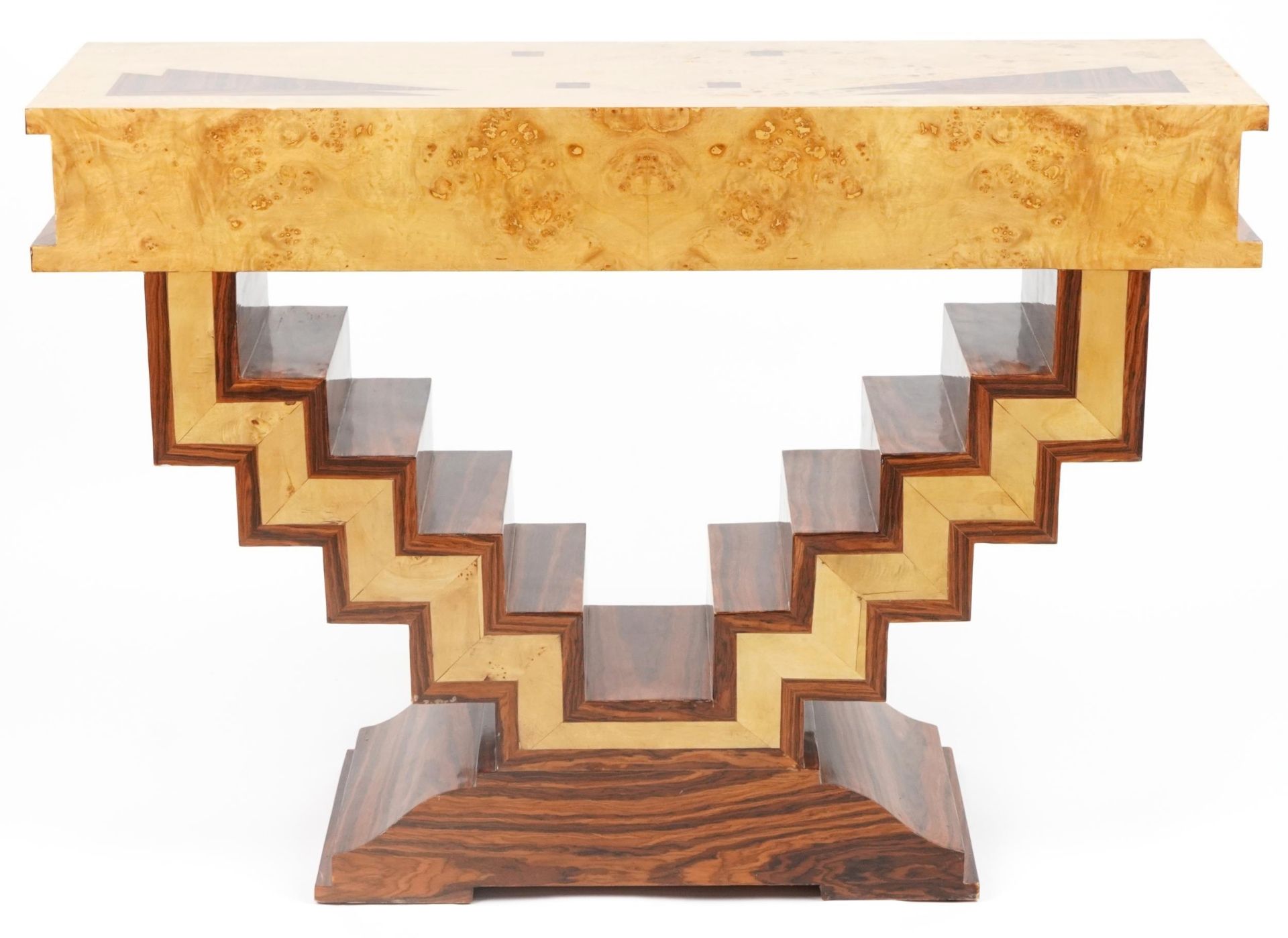 Art Deco style walnut and rosewood effect console table with frieze drawer, 84cm H x 120cm W x - Image 4 of 4