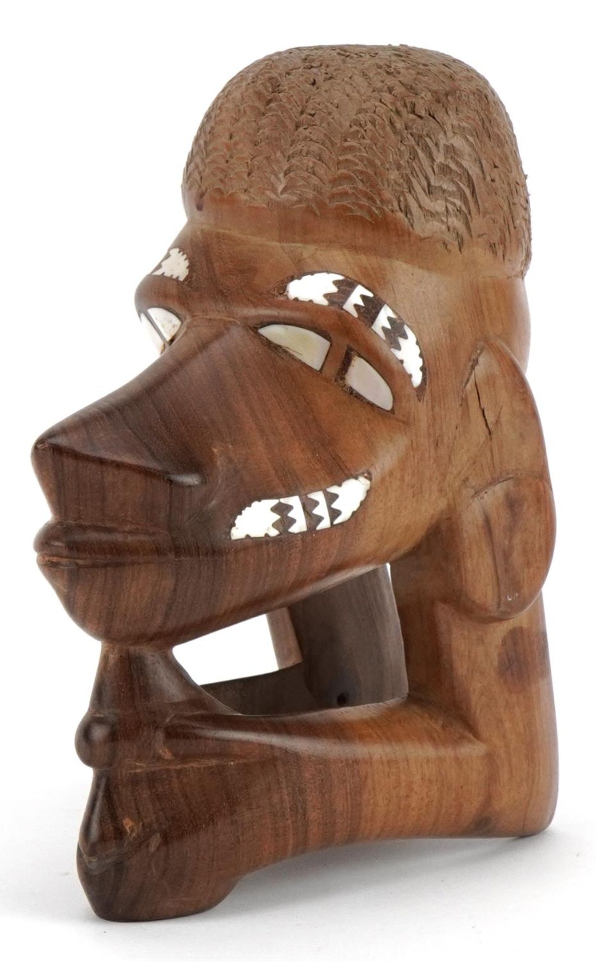 Solomon Islands Tribal interest carved hardwood Nguzu Nguzu canoe prow ornament with mother of pearl
