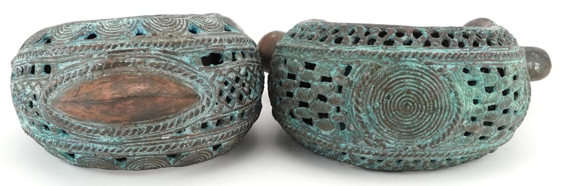 Two West African tribal interest verdigris copper open cuffs, the largest 17.5cm high