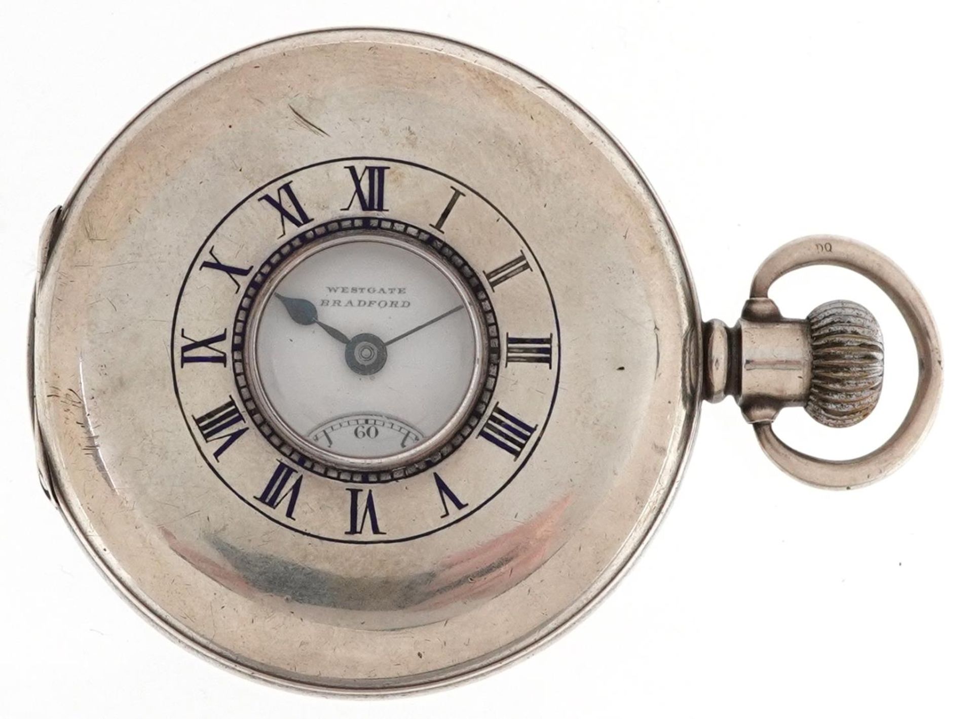 Waltham Mass, George V gentlemen's silver keyless half hunter pocket watch having enamelled and