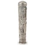 Persian unmarked silver walking stick handle profusely embossed with figures and wild animals, 12.