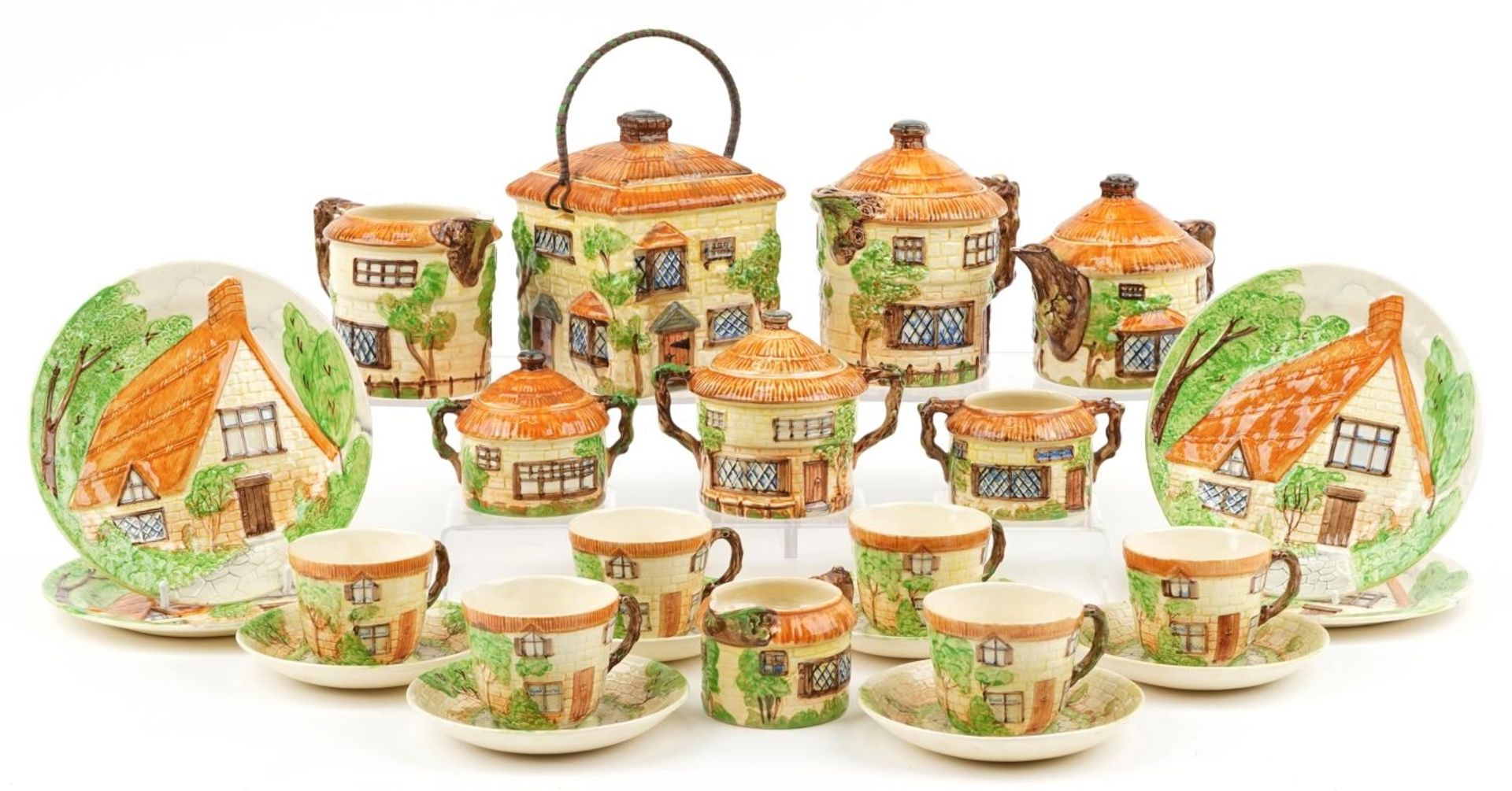 Beswick Cottage Ware including a six place tea service and biscuit barrel with cover, the largest