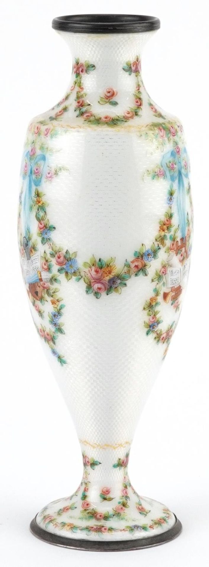 19th century French silver and white guilloche enamel vase finely hand painted with swags, ribbons - Image 7 of 10