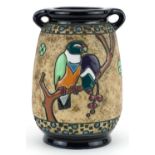 Amphora, Czechoslovakian Art Nouveau vase with twin handles enamelled with two stylised birds on a