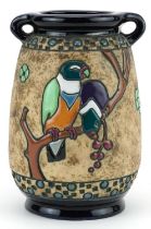 Amphora, Czechoslovakian Art Nouveau vase with twin handles enamelled with two stylised birds on a