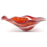 Large red and green art glass centre bowl, indistinct etched marks to the base, 60cm wide