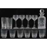 Stuart crystal glassware including two drinking glasses, set of six water glasses and decanter,