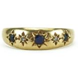 9ct gold graduated sapphire and diamond five stone ring, size P, 2.0g