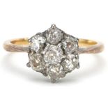 Antique unmarked gold diamond flower head ring, total diamond weight approximately 1.25 carat, tests