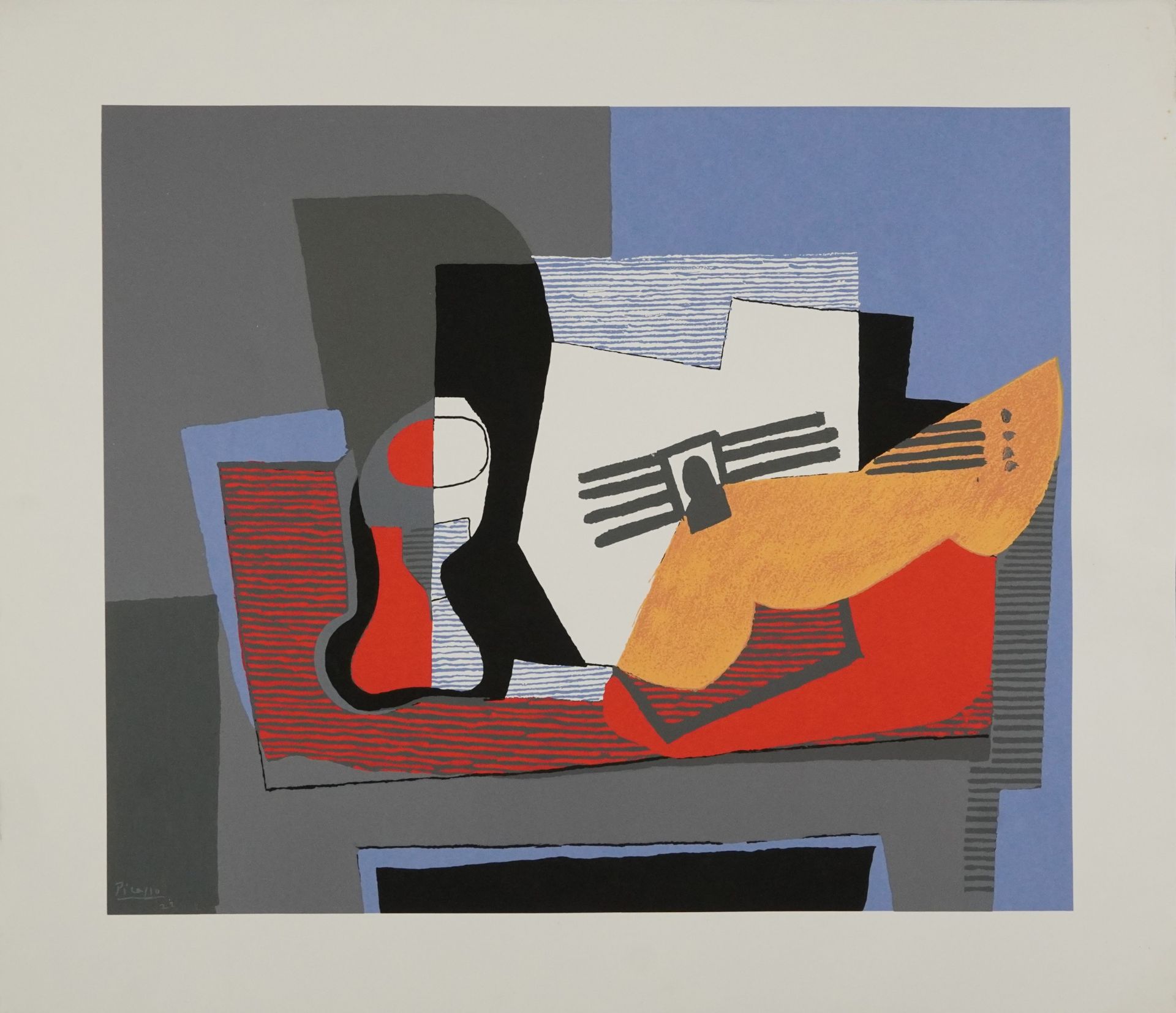 After Pablo Picasso - Still life with guitar, lithograph in colour, unframed, 87.5cm x 73.5cm - Image 2 of 4