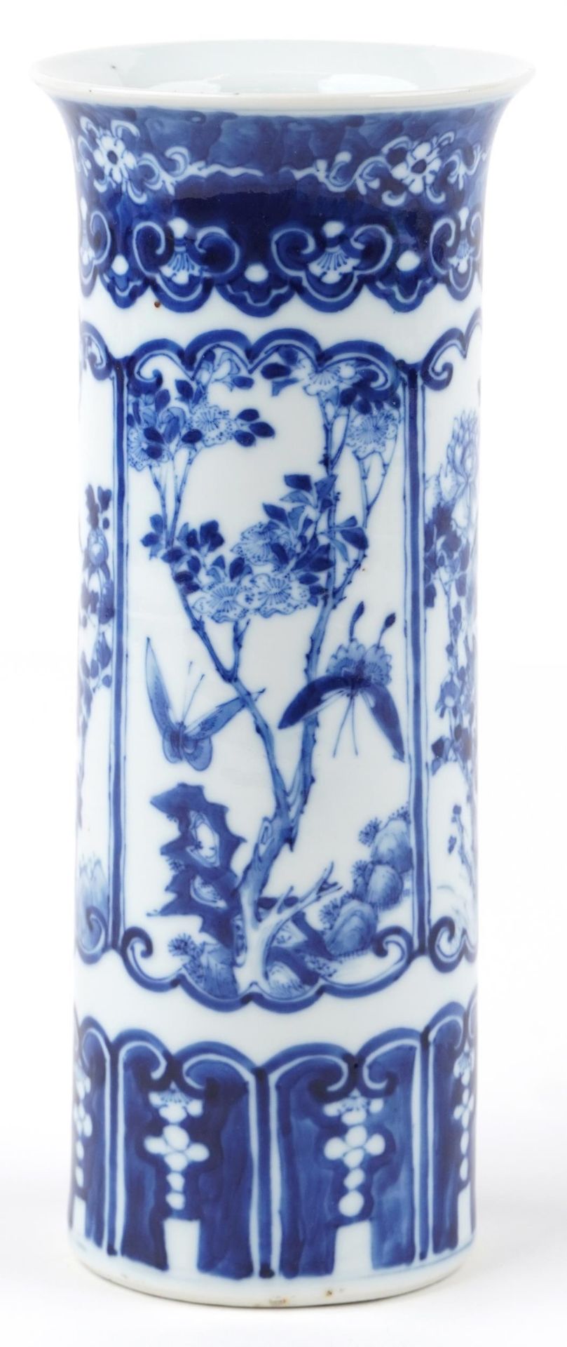 Chinese blue and white porcelain cylindrical vase hand painted with panels of birds and - Image 2 of 6