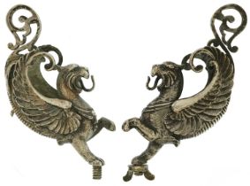 Pair of 19th century silver plated classical mounts in the form of griffins, each 12.5cm high