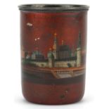 19th century Russian silver and enamel vodka cup hand painted with a view of The Kremlin, indistinct