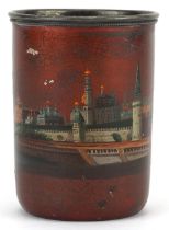 19th century Russian silver and enamel vodka cup hand painted with a view of The Kremlin, indistinct