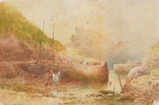 Horse drawn cart before two boats in cradles, 19th century watercolour on card, signed with monogram