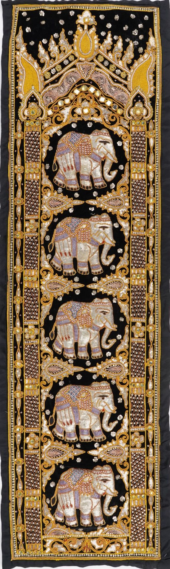 Indian silk wall textile embroidered with elephants, 150cm x 43cm