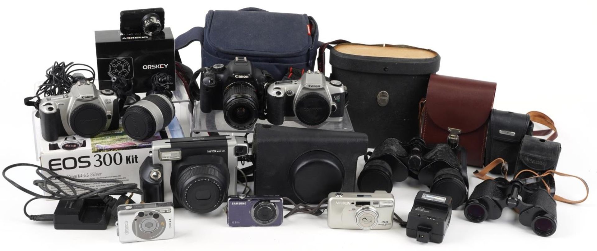 Vintage and later cameras, binoculars and an Orskey driving recorder with box including Canon EOS