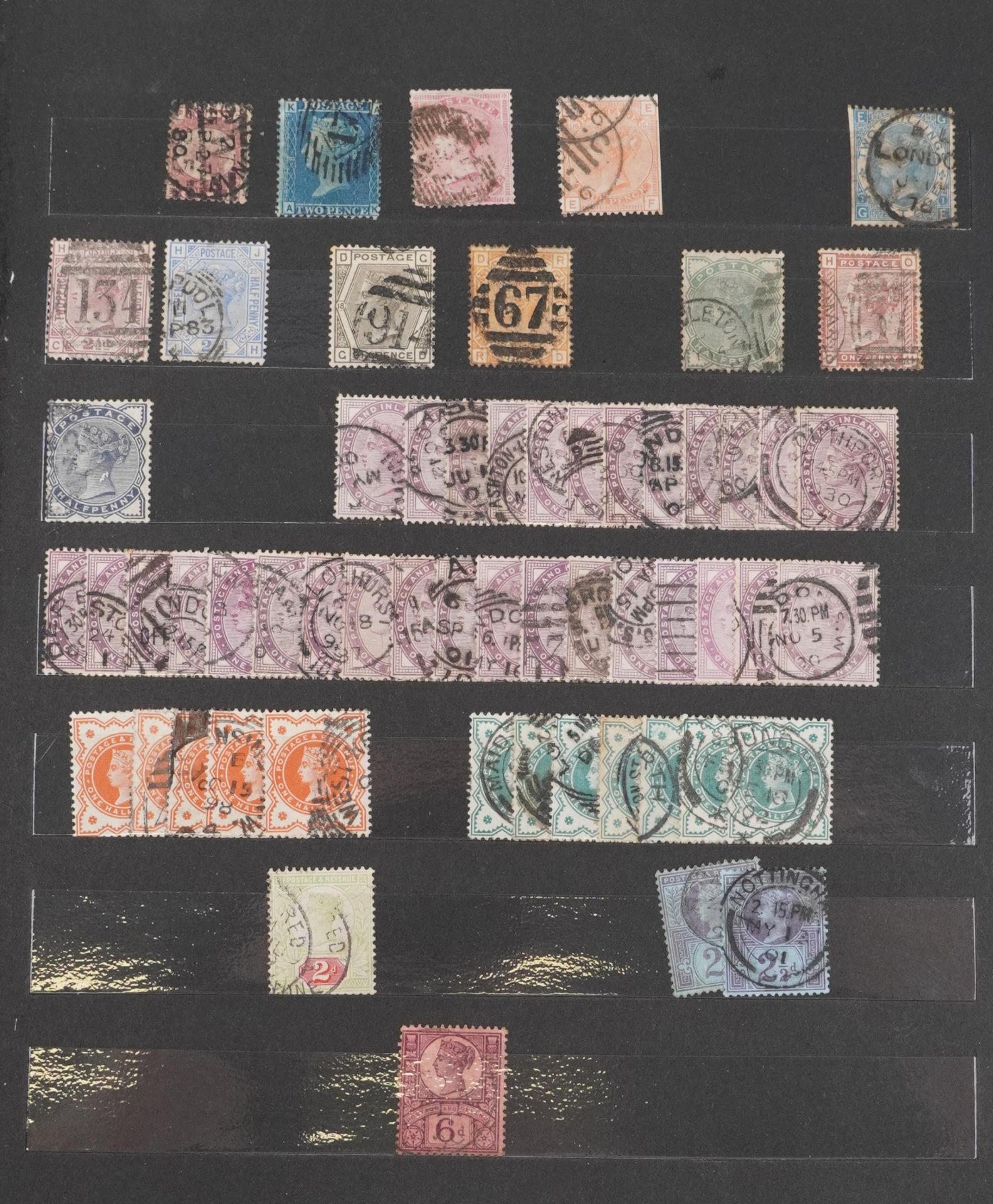 Victorian and later British stamps arranged in a stock book including Two Penny Blue, Penny Reds and