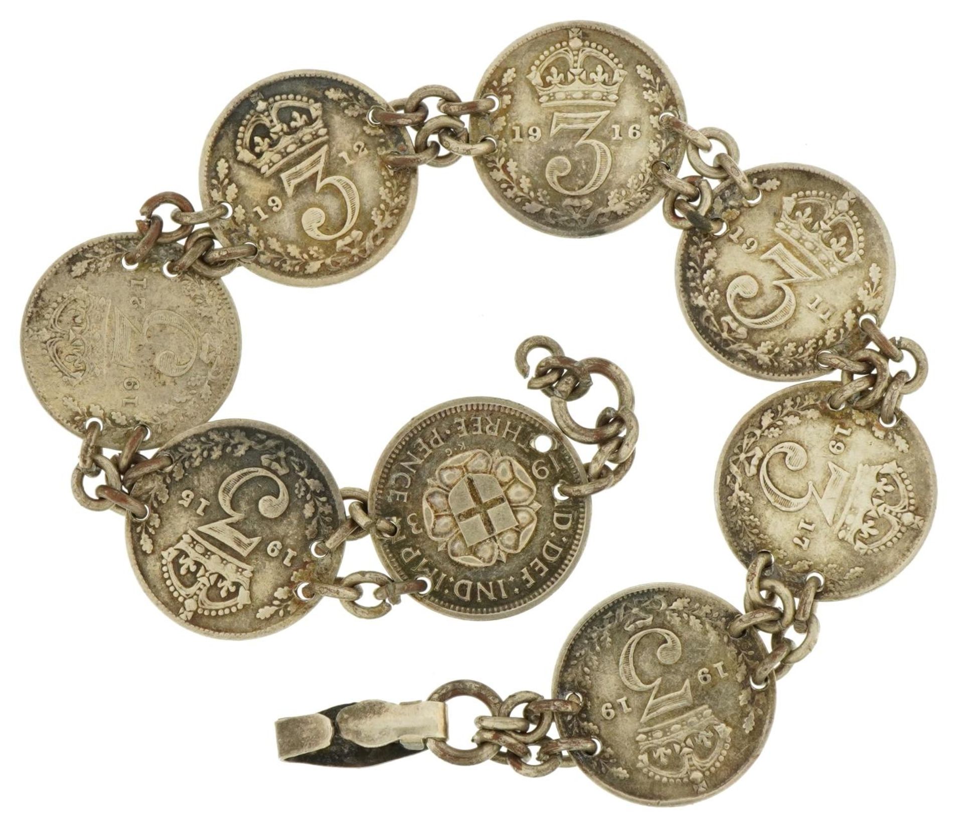 George V threepence coin bracelet with various dates including 1915, 1916 and 1937, 14.6g - Bild 2 aus 3