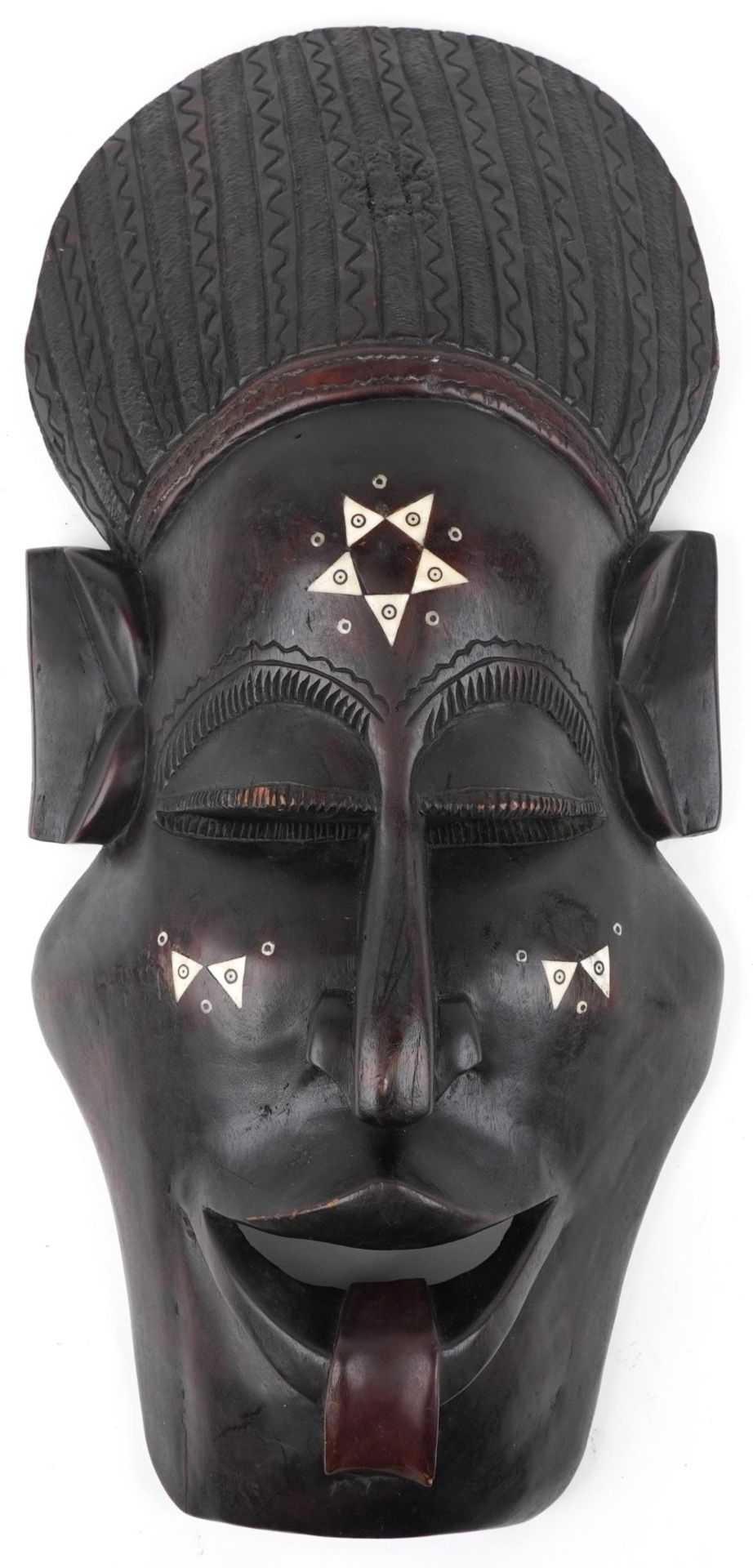 Large African tribal interest carved hardwood wall mask with bone inlay, 75cm high