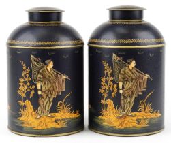 Pair of large Toleware cannisters decorated in the chinoiserie manner with fishermen, 36cm high