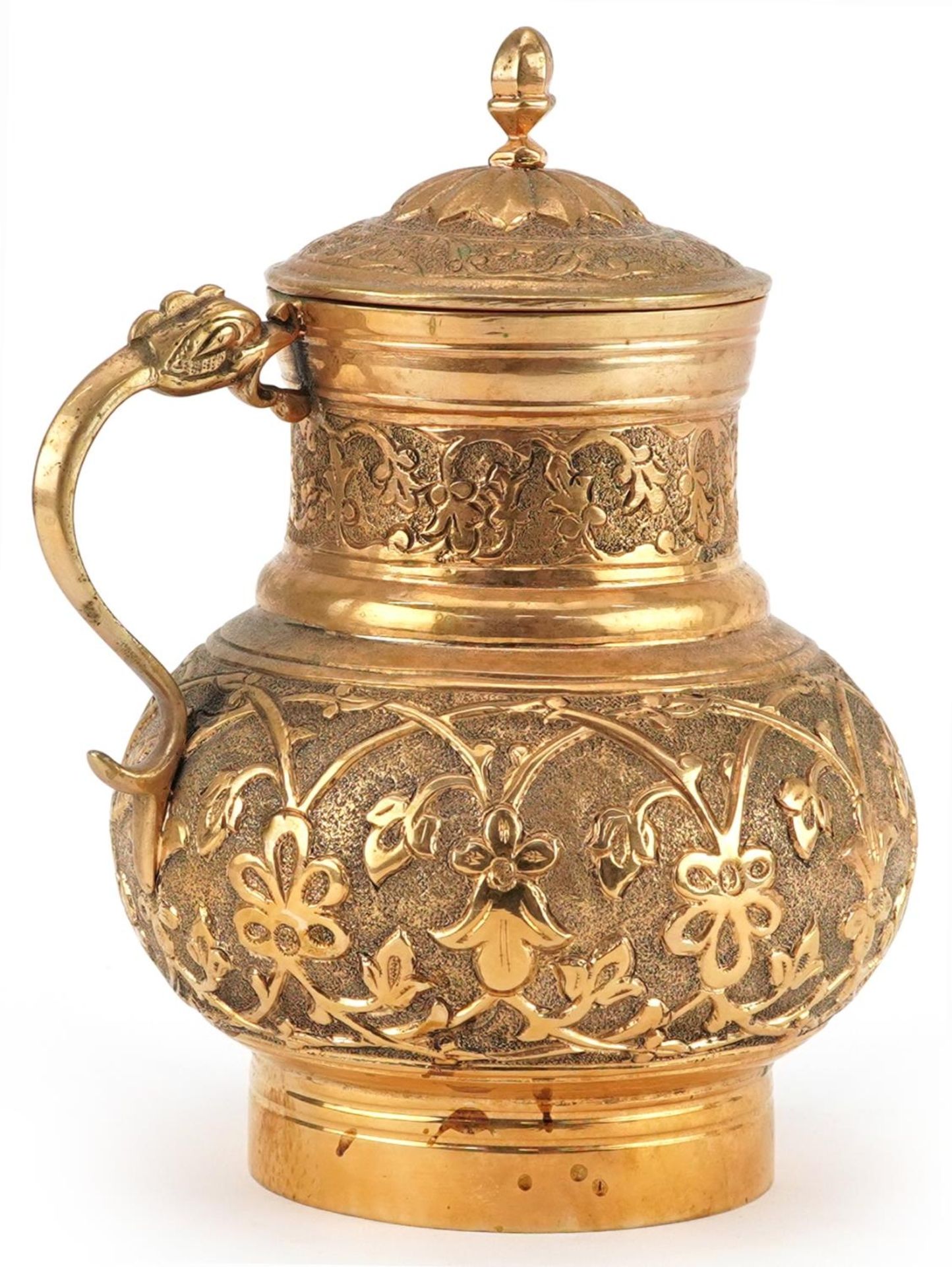 Turkish Ottoman Tombak lidded water jug with animalia handle decorated in relief with stylised - Image 2 of 3