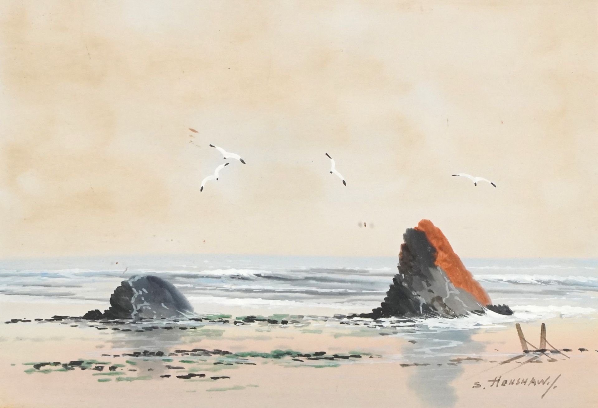 S Henshaw - Coastal scenes, pair of heightened watercolours, mounted, framed and glazed, each 24.5cm - Image 2 of 9