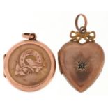 Two Victorian 9ct gold back and front lockets including one in the form of a love heart set with a