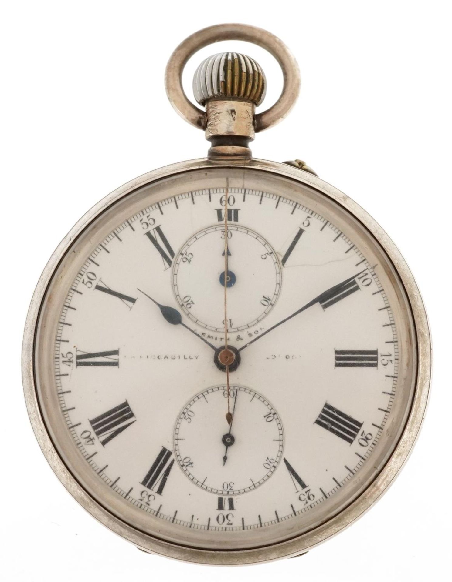Gentlemen's continental silver keyless open face chronograph pocket watch having enamelled and