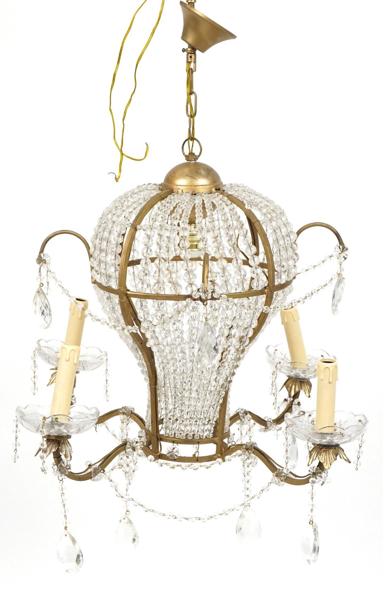 Ornate gilt metal and glass four branch chandelier with four girondelles and drops, overall 88cm - Bild 3 aus 3