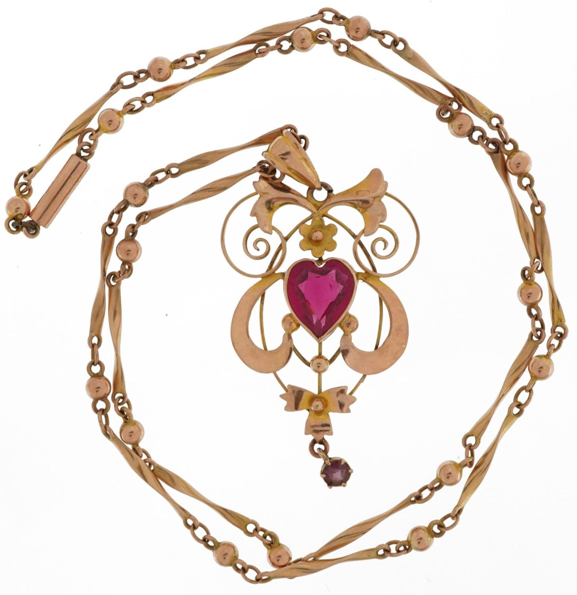 Art Nouveau 9ct gold love heart garnet openwork pendant on a 9ct gold ball and bar link necklace, - Image 2 of 5