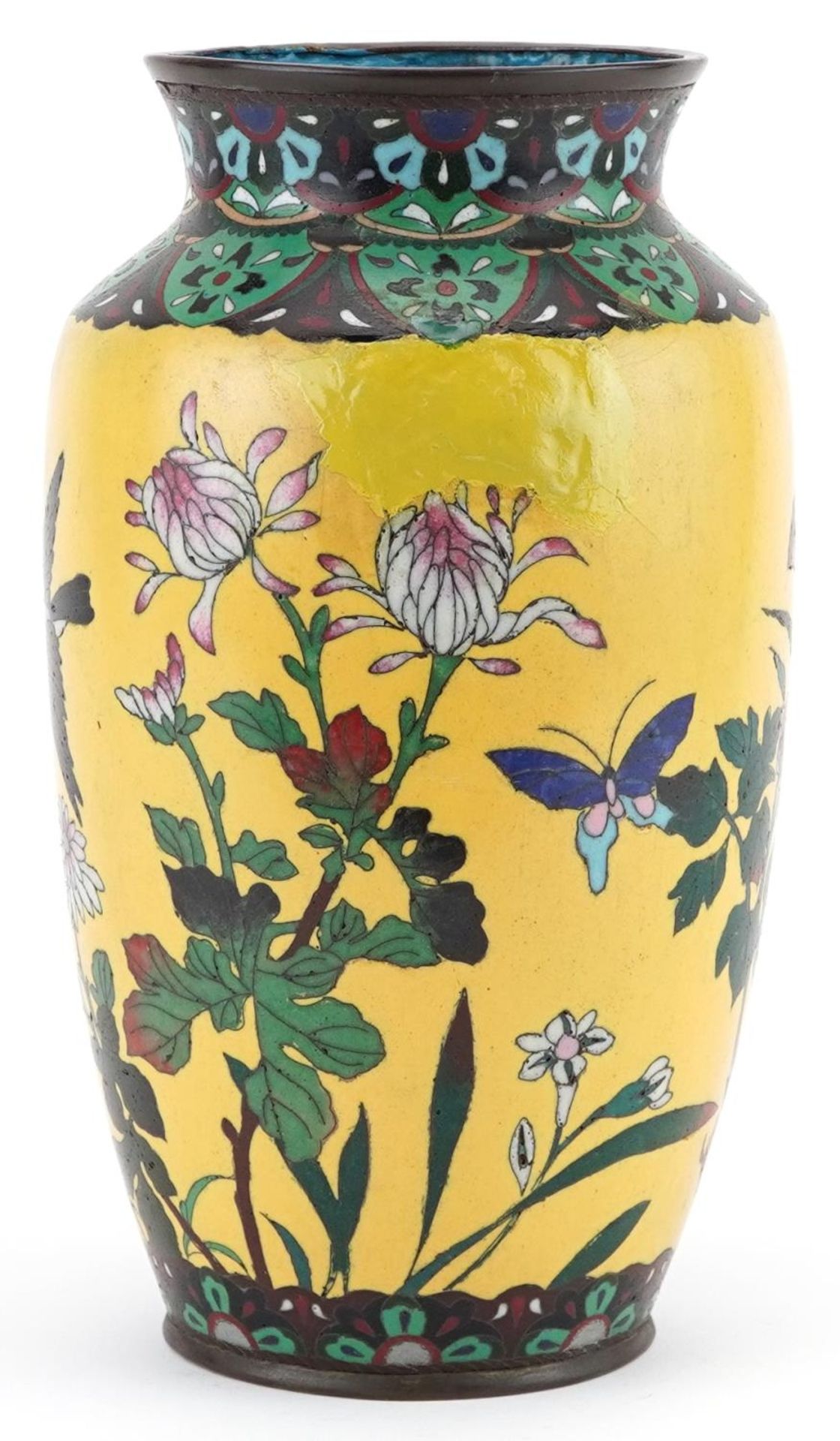 Japanese yellow ground cloisonne vase enamelled with a bird amongst flowers, 24.5cm high - Image 4 of 6