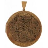 Large 9ct gold floral engraved circular locket, 6cm high, 21.2g