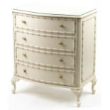 French style cream four drawer chest with serpentine front on cabriole legs, 90cm H x 78cm W x 47.