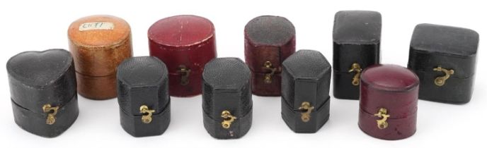 Ten Georgian and later jeweller's ring boxes with velvet and silk lined interiors including J