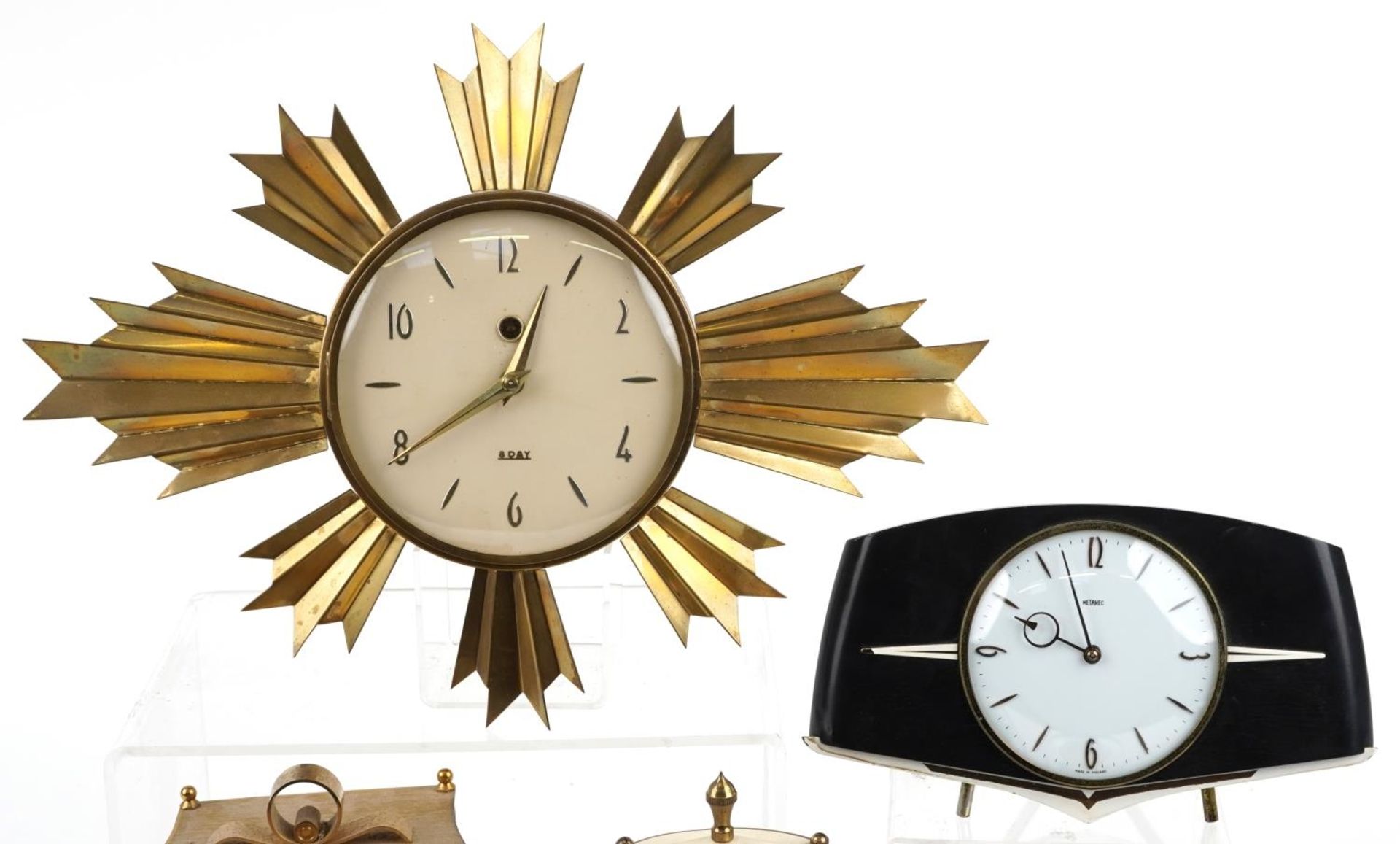 Five mid century and later clocks including a brass eight day sunburst design example, Kundo and - Image 2 of 6