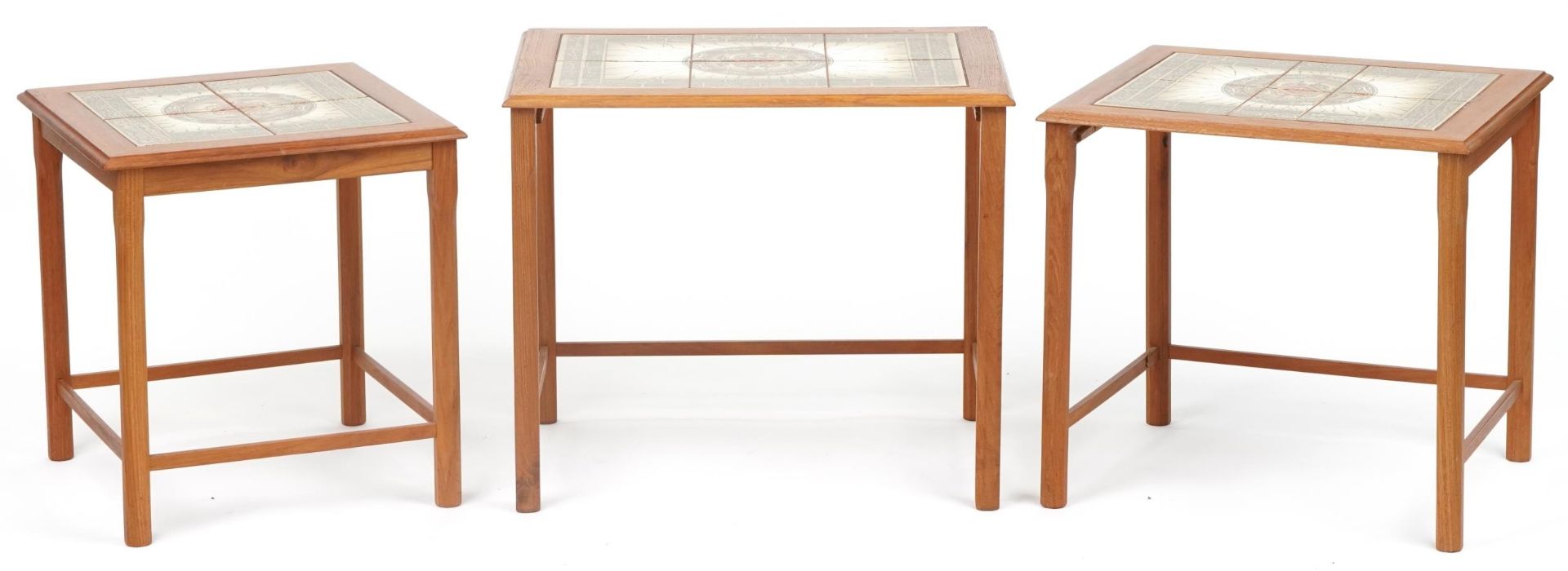 Nest of three mid century Danish teak occasional tables with inset tiled tops, the largest 48cm H - Image 2 of 4