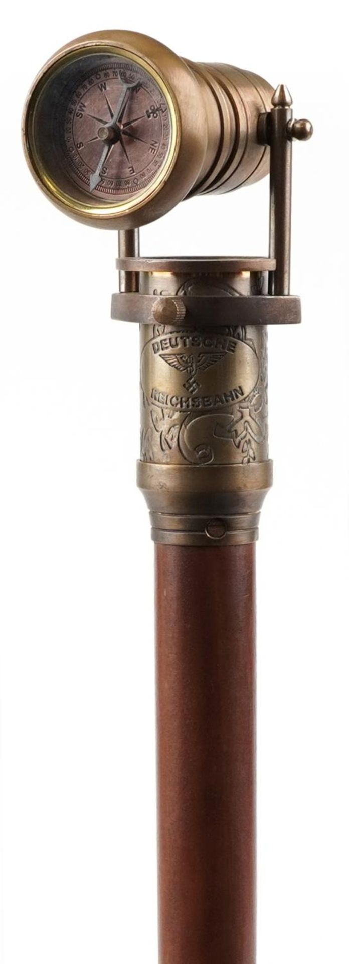 Hardwood walking stick with brass compass and two draw telescope handle, 99cm in length