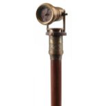 Hardwood walking stick with brass compass and two draw telescope handle, 99cm in length