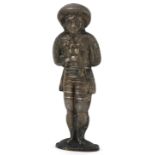 Novelty unmarked silver needle case in the form of a messenger boy, 6cm high, 8.8g