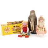 Vintage toys including a bisque headed doll with jointed limbs and a Goldilocks Pelham puppet with