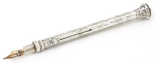 Victorian silver combination propelling dip pen and pencil engraved with foliage having inset purple